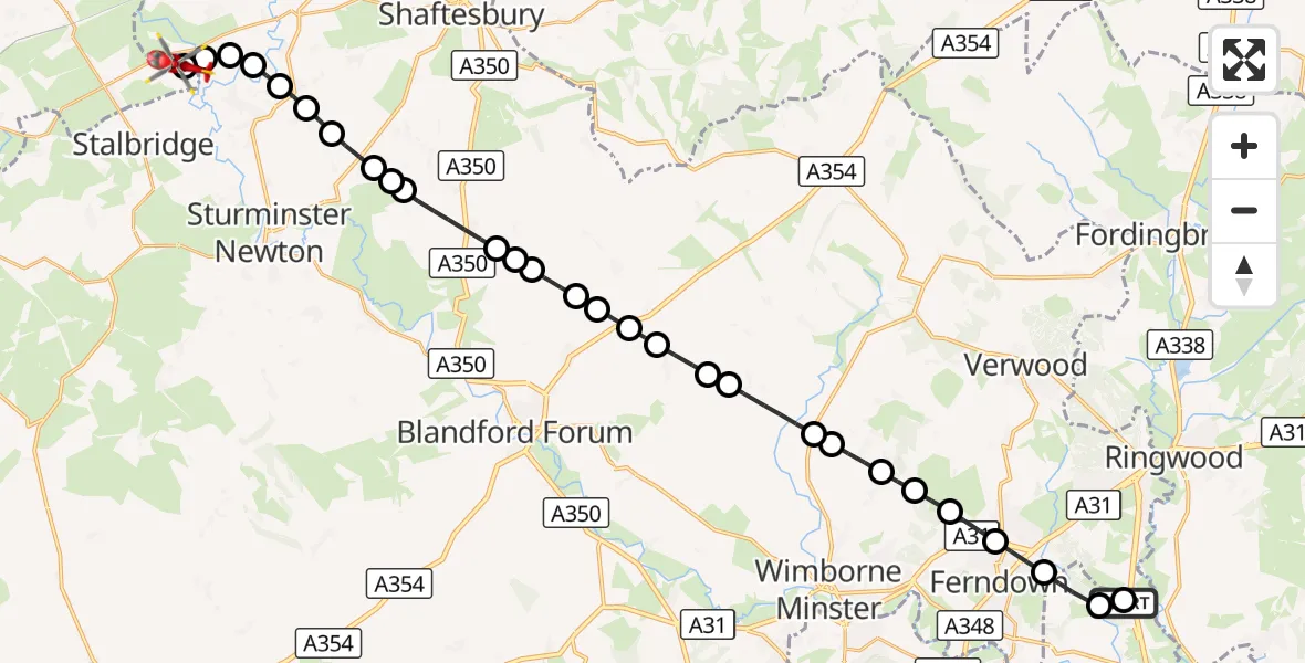 Flight route Air Ambulance Helicopter Hurn - Henstridge Airfield, 09 October 2026, 21:26
