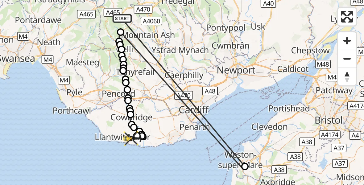 Flight route Police Helicopter Penywaun - MOD St Athan, 09 October 2026, 21:35
