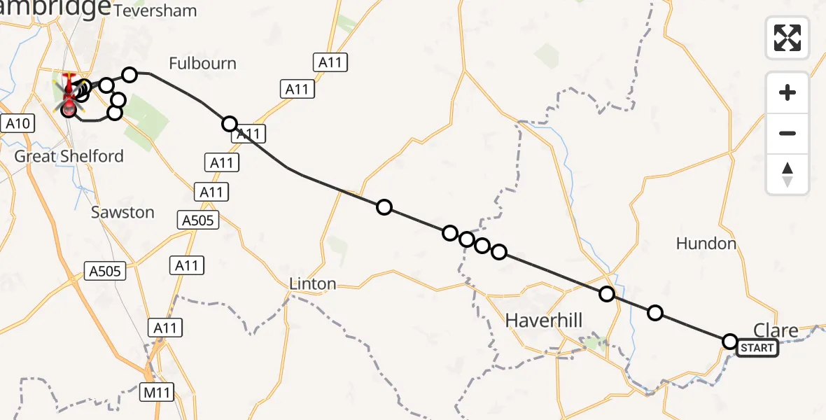 Flight route Air Ambulance Helicopter Clare - Papworth Hospital, 09 October 2026, 21:40