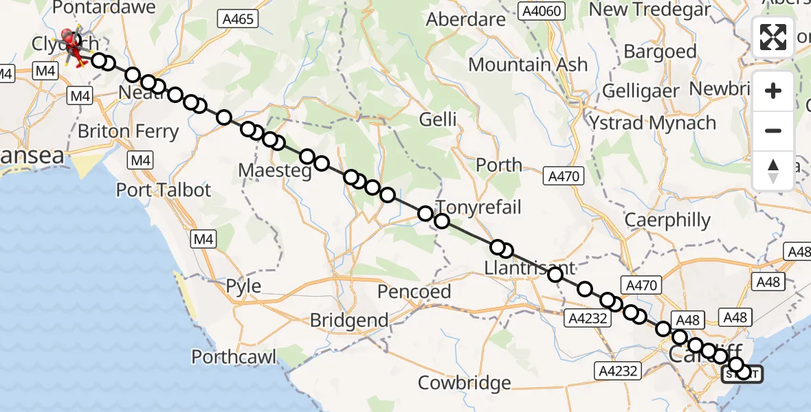 Flight route Air Ambulance Helicopter Cardiff Heliport - Clydach, 09 October 2026, 21:52