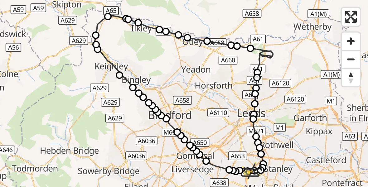 Flight route Police Helicopter East Ardsley - East Ardsley, 09 October 2026, 21:55