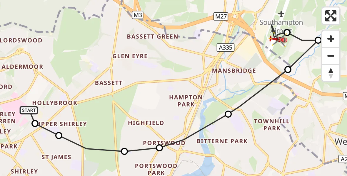 Flight route Air Ambulance Helicopter University Hospital Southampton - Southampton Airport, 09 October 2026, 22:02