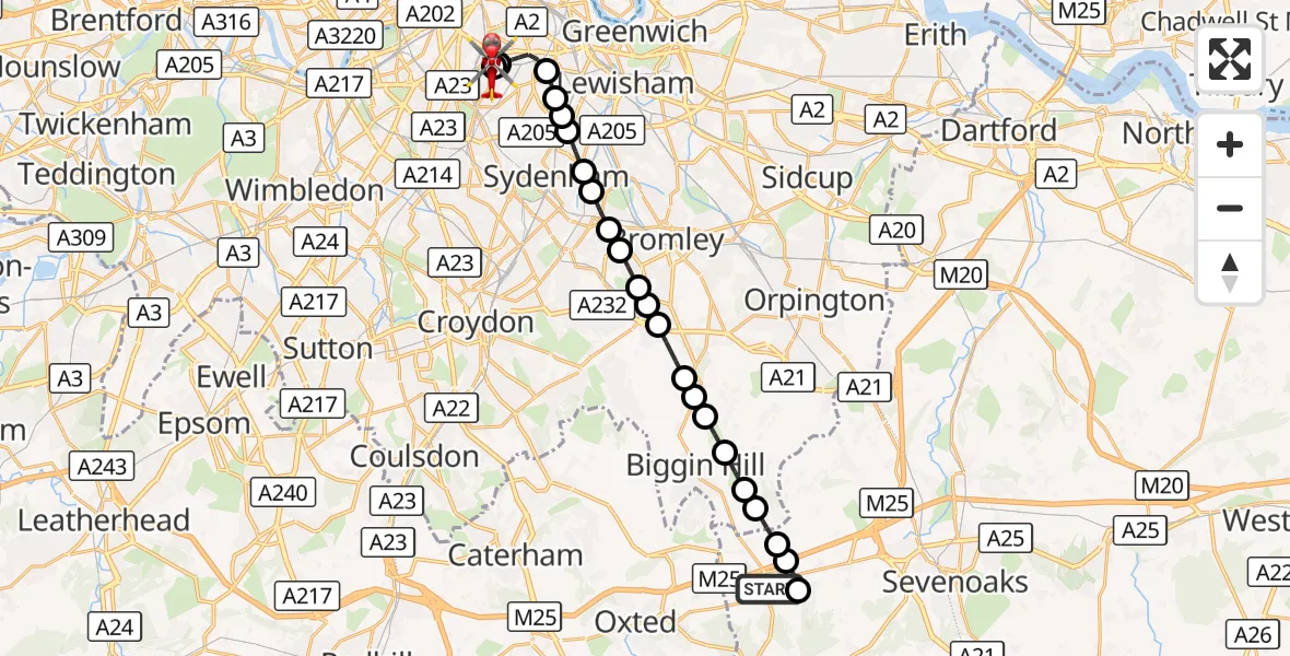 Flight route Air Ambulance Helicopter Westerham - Kings College London Hospital, 09 October 2026, 22:30