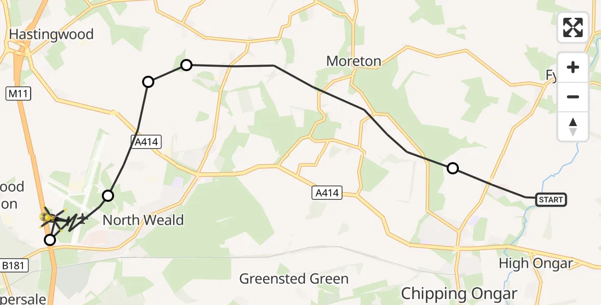Flight route Police Helicopter High Ongar - North Weald Airfield, 09 October 2026, 22:38