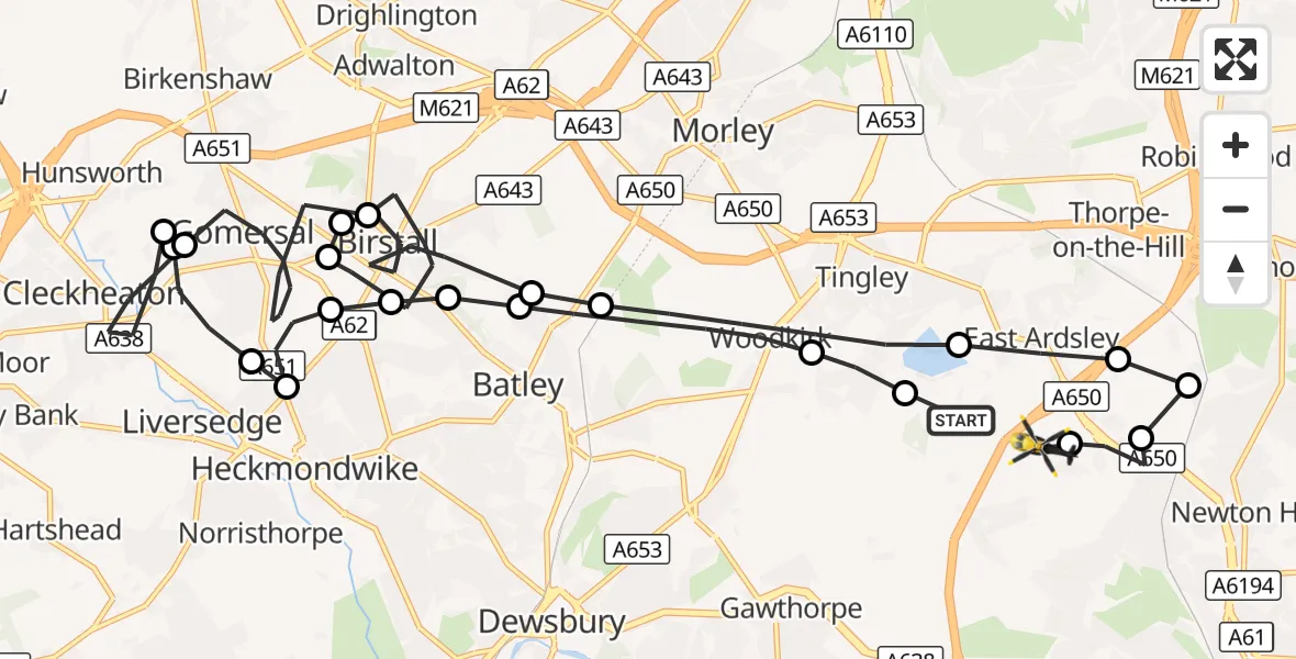 Flight route Police Helicopter East Ardsley - East Ardsley, 09 October 2026, 22:55