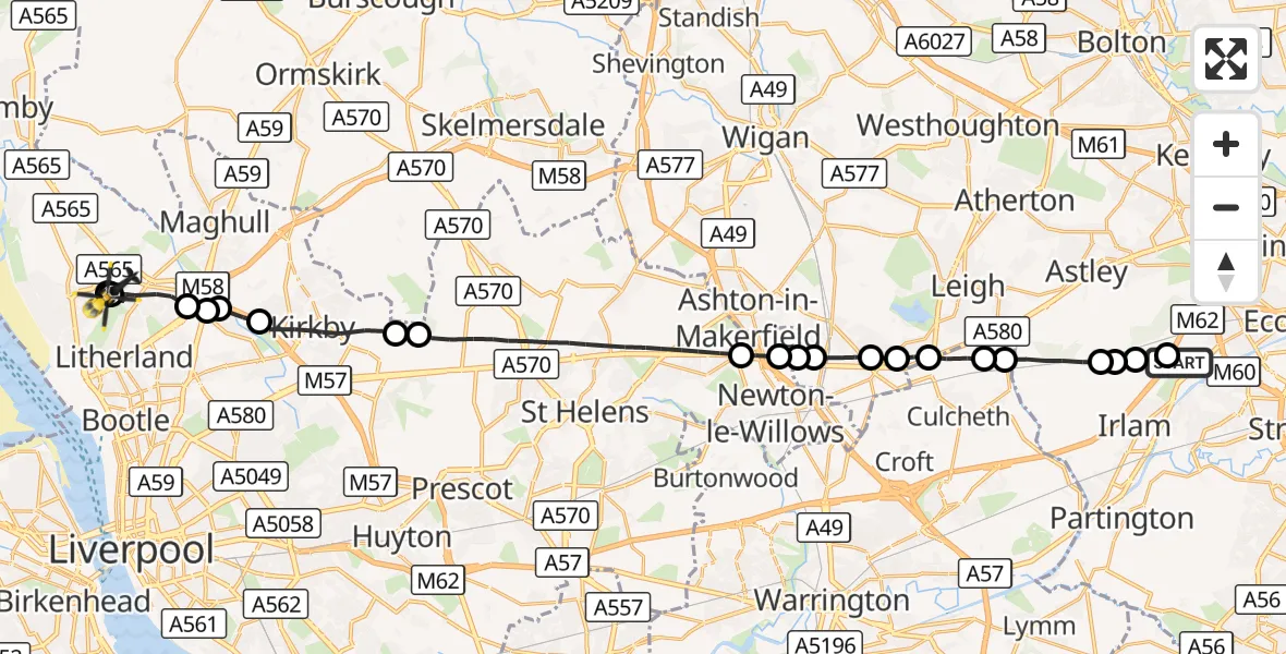 Flight route Police Helicopter Manchester Barton Aerodrome - Litherland, 09 October 2026, 23:01
