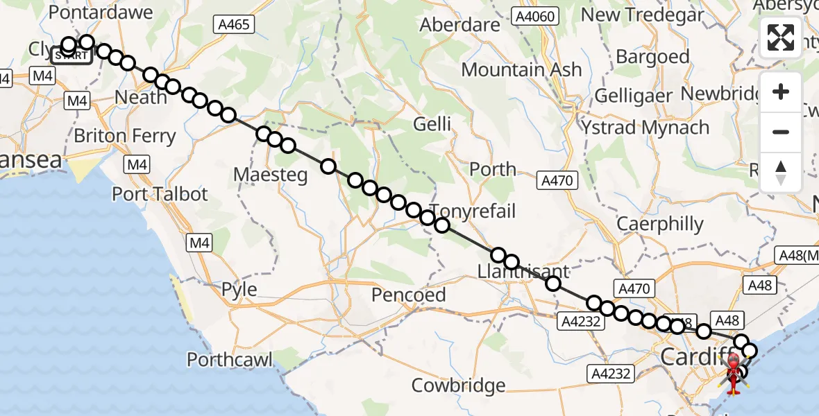 Flight route Air Ambulance Helicopter Clydach - Cardiff Heliport, 09 October 2026, 23:24