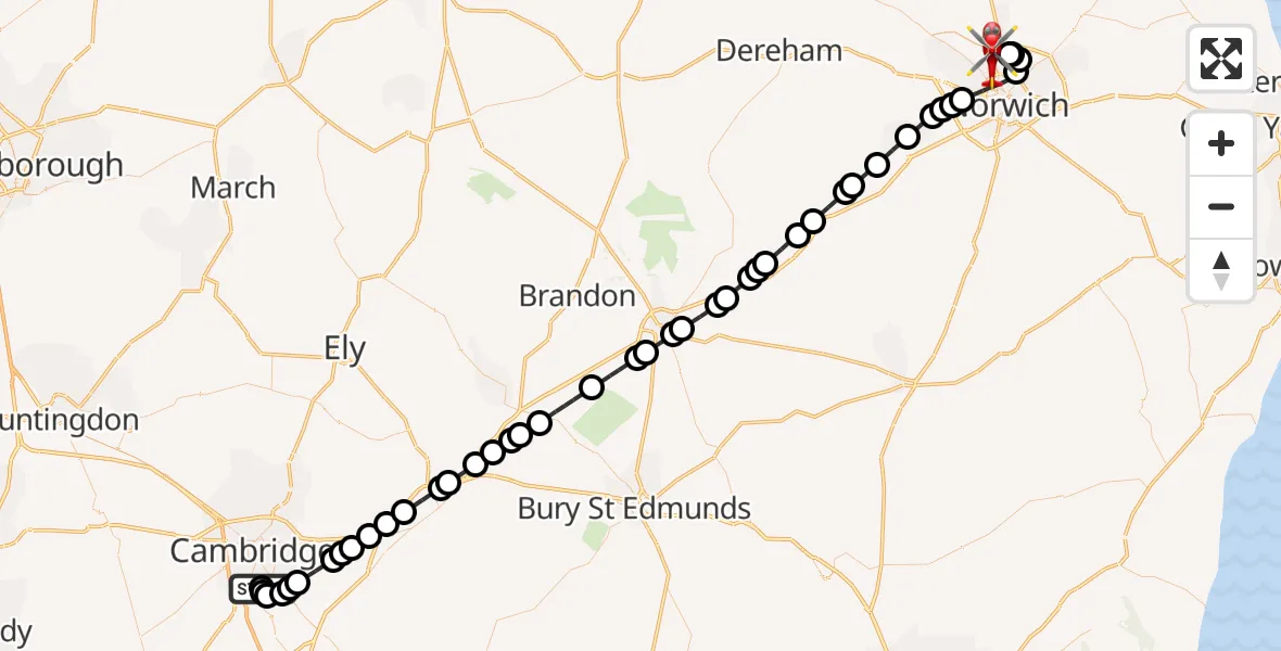 Flight route Air Ambulance Helicopter Papworth Hospital - Norwich Airport, 09 October 2026, 23:28