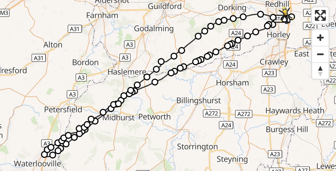 Flight route Police Helicopter Salfords - Redhill Aerodrome, 09 October 2026, 23:29