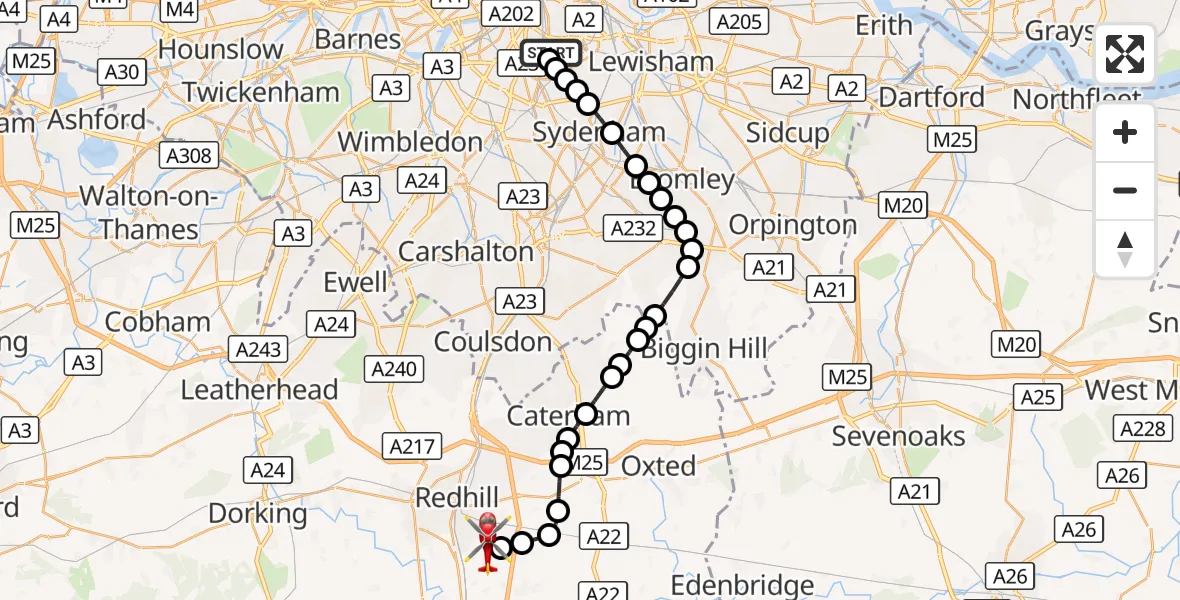 Flight route Air Ambulance Helicopter Kings College London Hospital - Redhill Aerodrome, 09 October 2026, 23:38