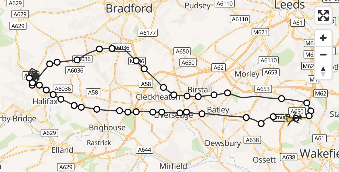 Flight route Police Helicopter East Ardsley - East Ardsley, 09 October 2026, 23:38