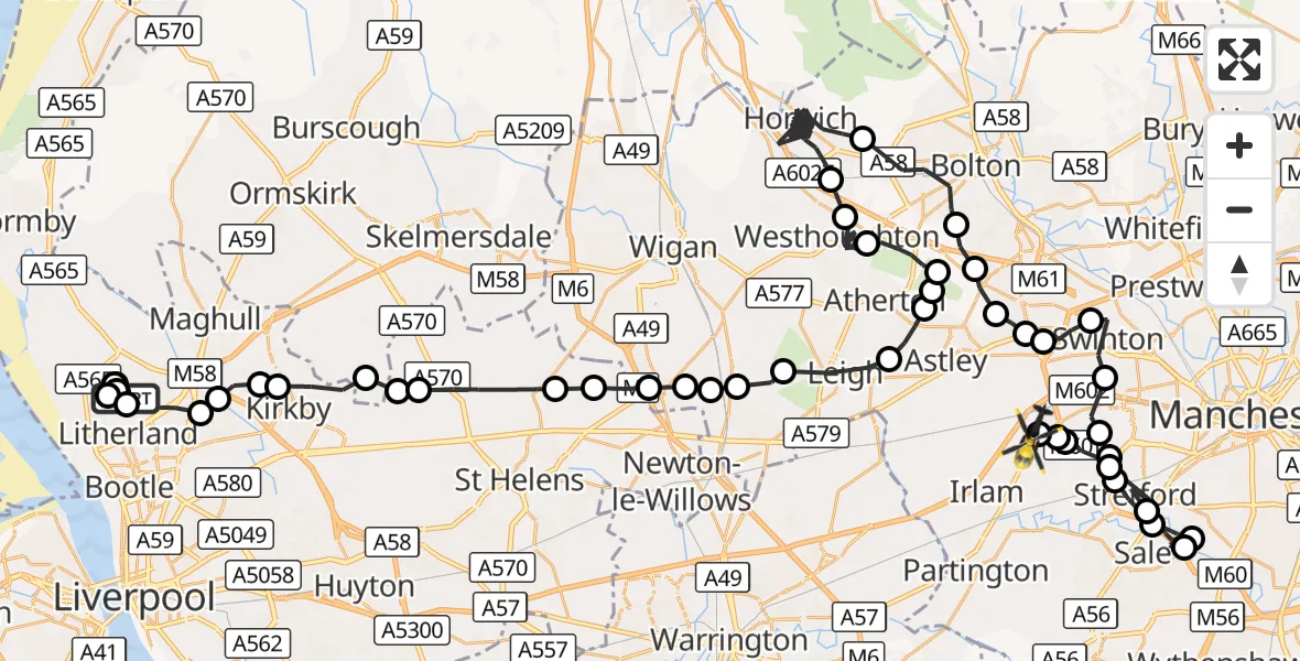 Flight route Police Helicopter Litherland - Manchester Barton Aerodrome, 09 October 2026, 23:44