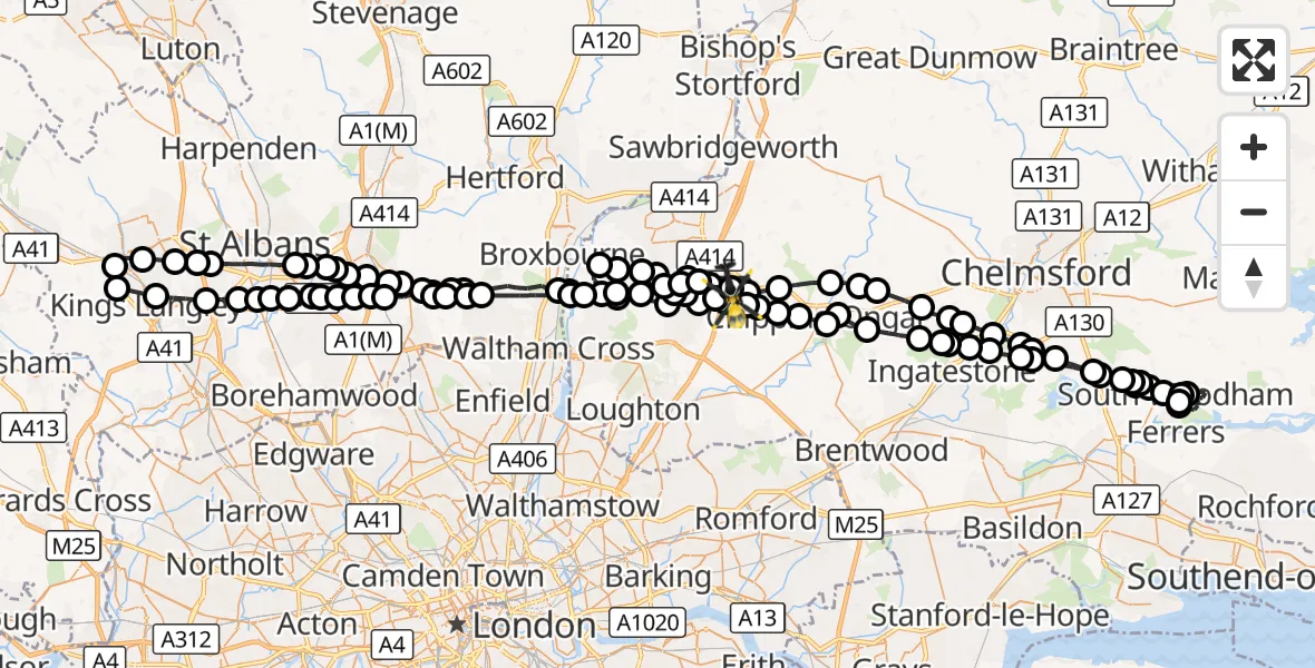 Flight route Police Helicopter North Weald Airfield - North Weald Airfield, 10 October 2026, 00:20