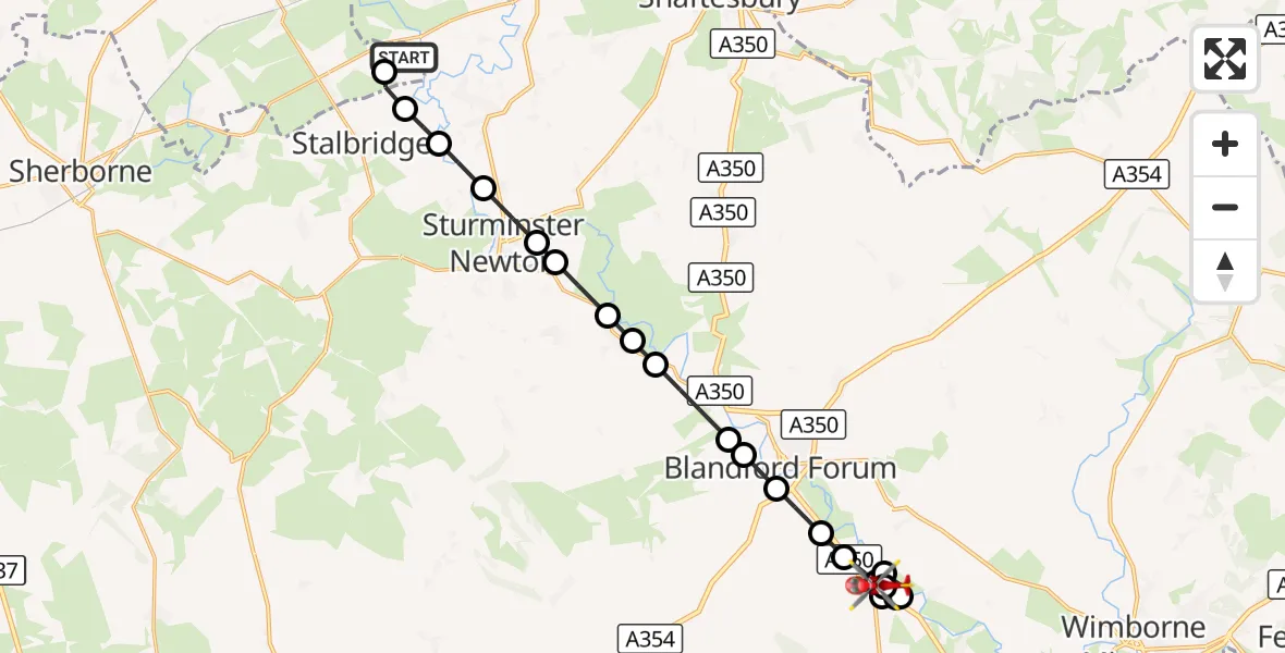 Flight route Air Ambulance Helicopter Henstridge Airfield - Tarrant Crawford, 10 October 2026, 00:40