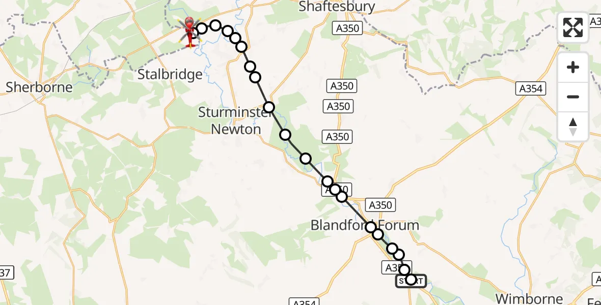 Flight route Air Ambulance Helicopter Spetisbury - Henstridge Airfield, 10 October 2026, 01:25