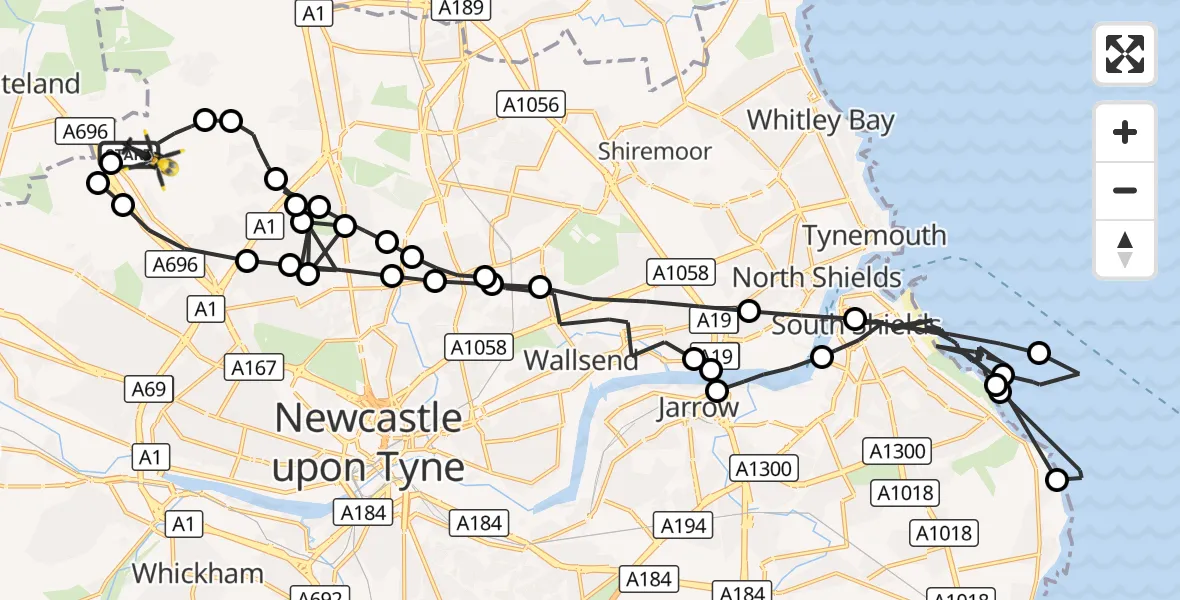 Flight route Police Helicopter Newcastle International Airport - Newcastle International Airport, 10 October 2026, 01:49
