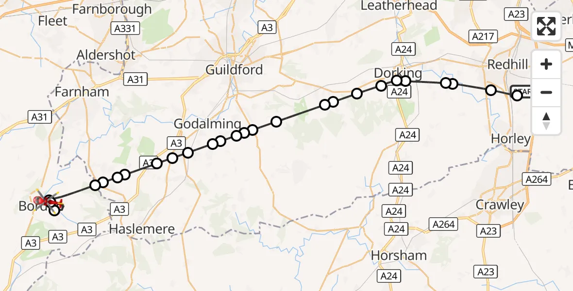 Flight route Air Ambulance Helicopter Redhill Aerodrome - Lindford, 10 October 2026, 04:21