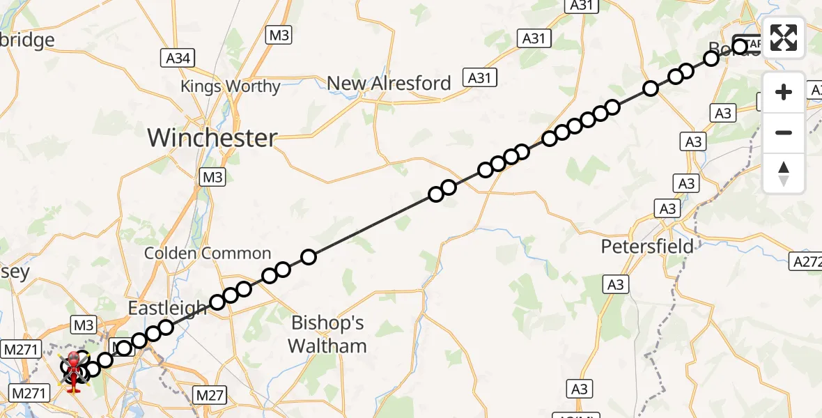 Flight route Air Ambulance Helicopter Lindford - University Hospital Southampton, 10 October 2026, 05:53