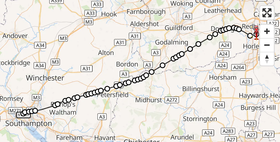 Flight route Air Ambulance Helicopter University Hospital Southampton - Redhill Aerodrome, 10 October 2026, 06:26