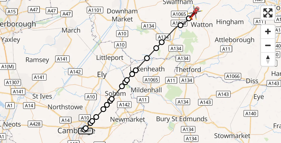 Flight route Air Ambulance Helicopter Cambridge City Airport - Ashill, 10 October 2026, 06:44