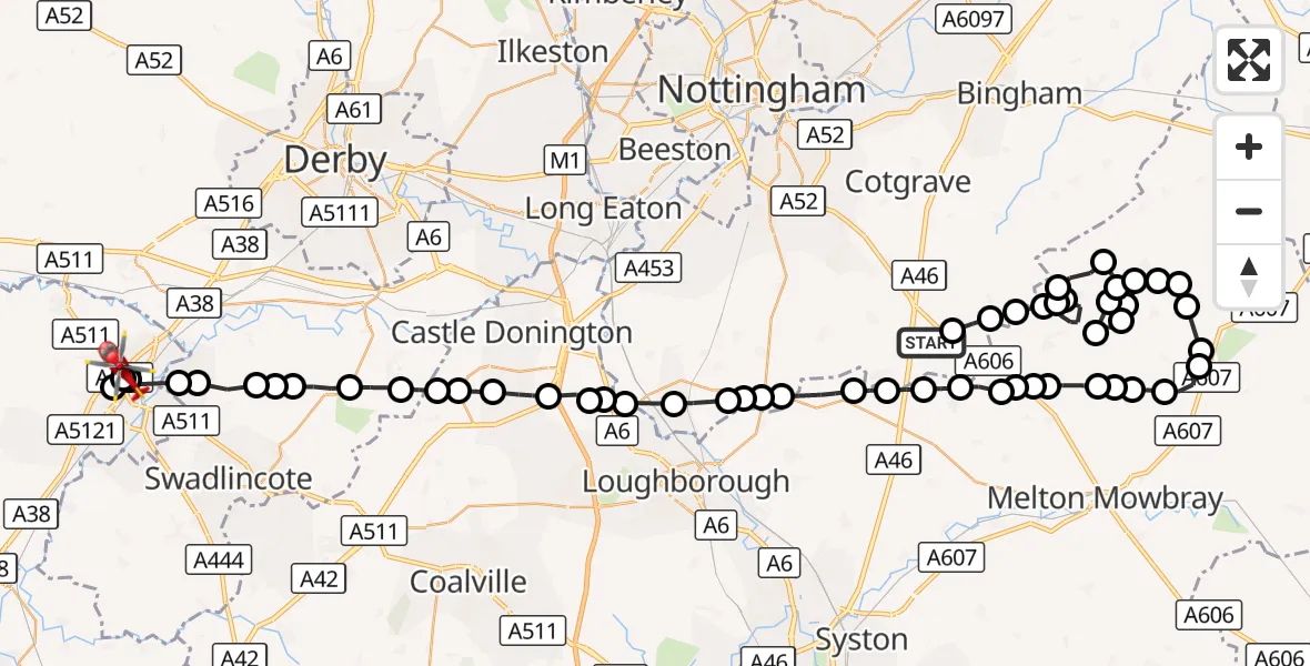 Flight route Air Ambulance Helicopter Rushcliffe - Stretton, 10 October 2026, 06:49