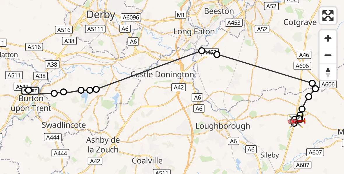 Flight route Air Ambulance Helicopter Stretton - Burton on the Wolds, 10 October 2026, 07:32