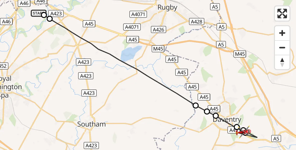 Flight route Air Ambulance Helicopter Coventry Airport - Dodford, 10 October 2026, 07:43