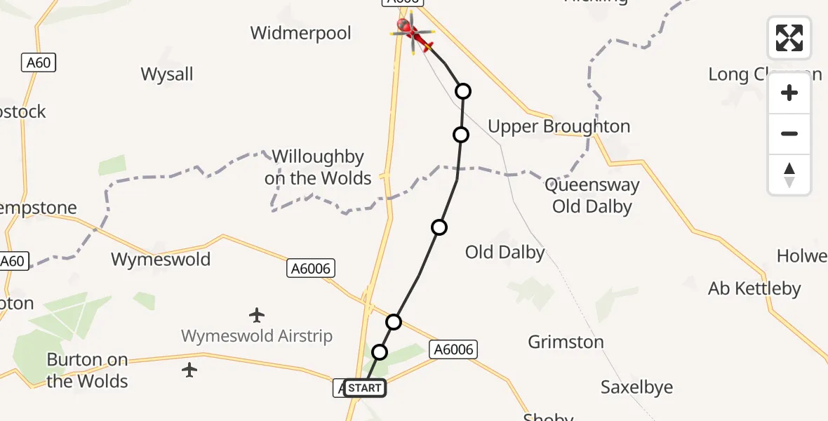 Flight route Air Ambulance Helicopter Ragdale - Hickling, 10 October 2026, 08:07