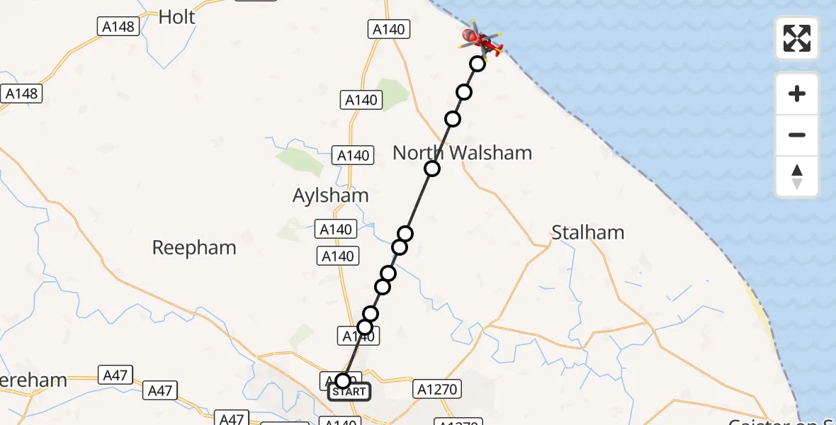 Flight route Air Ambulance Helicopter Norwich Airport - Gimingham, 10 October 2026, 08:15
