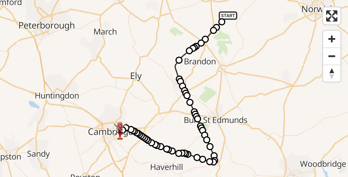 Flight route Air Ambulance Helicopter Ashill - Cambridge City Airport, 10 October 2026, 08:39