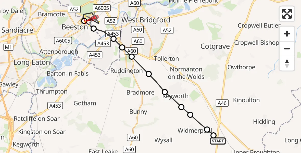 Flight route Air Ambulance Helicopter Nottingham Heliport - City of Nottingham, 10 October 2026, 08:45