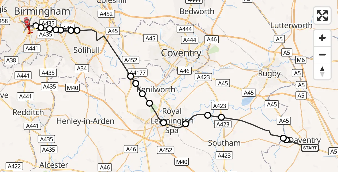 Flight route Air Ambulance Helicopter Daventry - Metchley, 10 October 2026, 08:53
