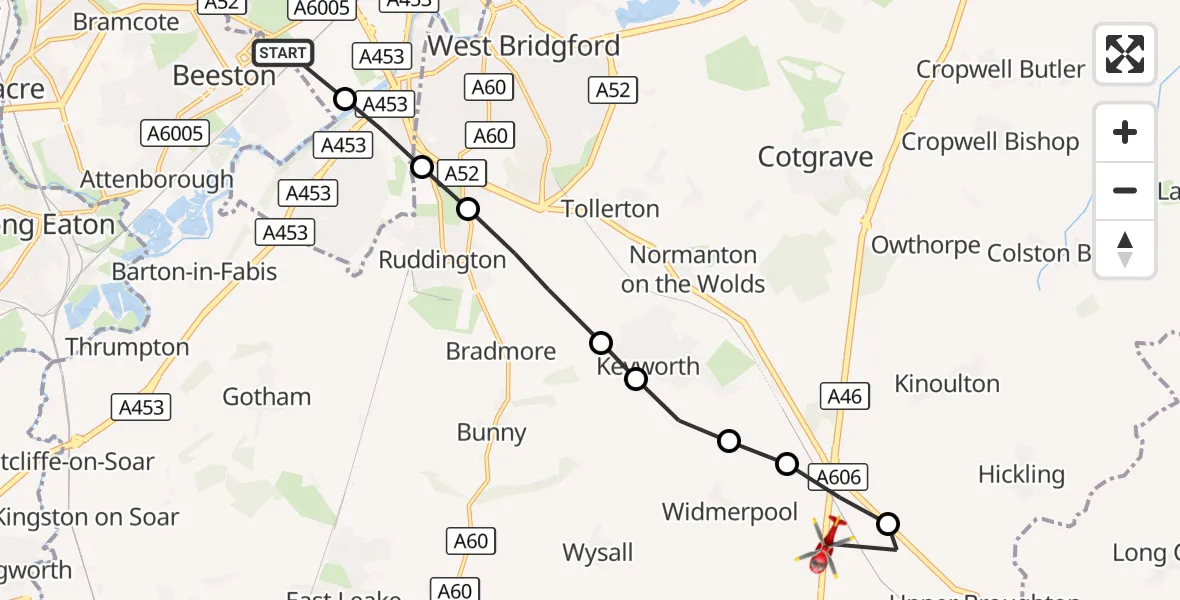 Flight route Air Ambulance Helicopter Beeston - Nottingham Heliport, 10 October 2026, 09:02