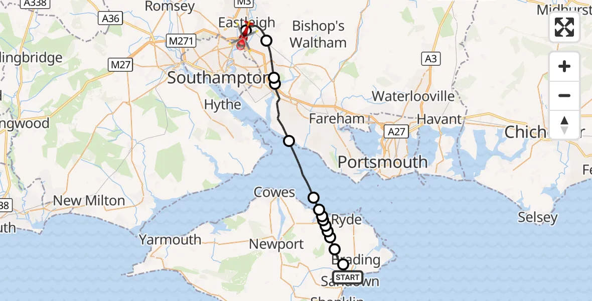 Flight route Air Ambulance Helicopter Sandown - Southampton Airport, 10 October 2026, 09:11