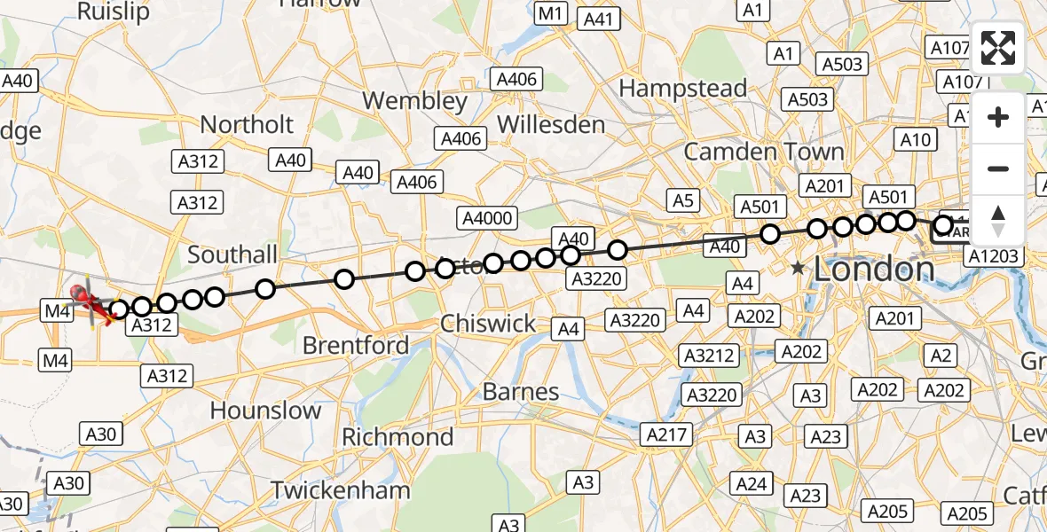 Flight route Air Ambulance Helicopter Royal London Hospital - Hayes, 10 October 2026, 09:32