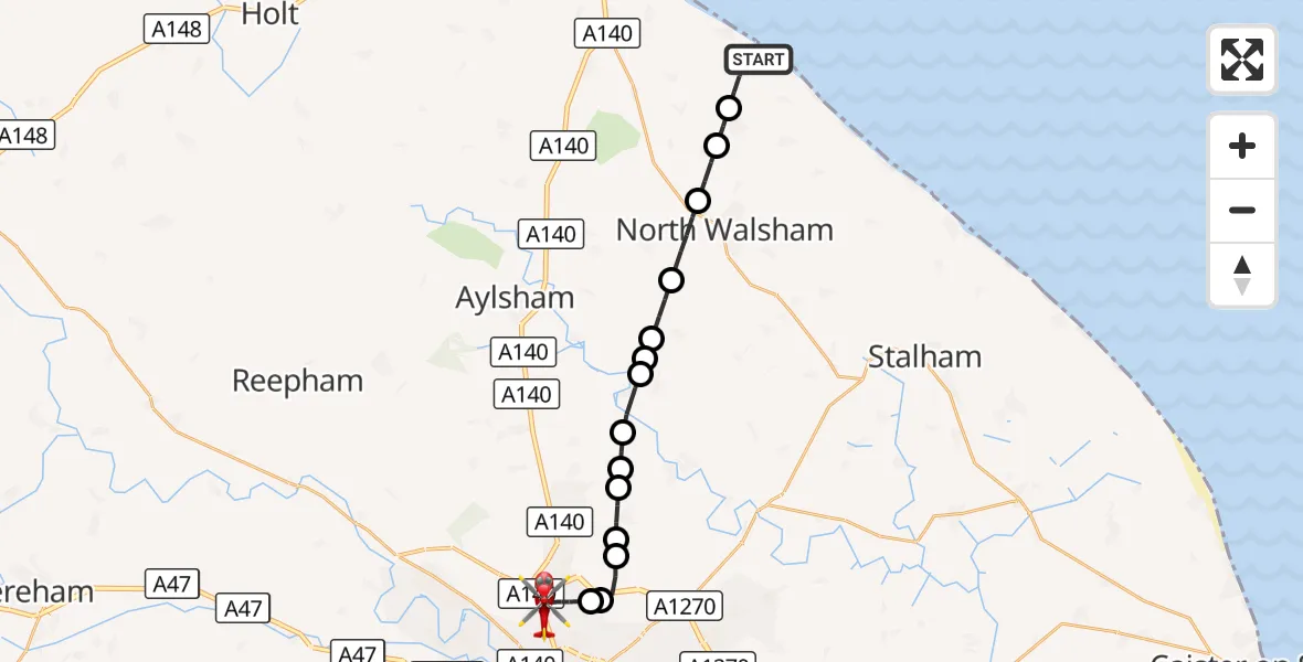 Flight route Air Ambulance Helicopter Gimingham - Norwich Airport, 10 October 2026, 09:47