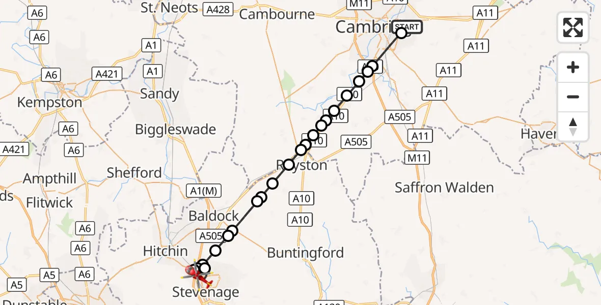 Flight route Air Ambulance Helicopter Cambridge City Airport - Stevenage, 10 October 2026, 10:07