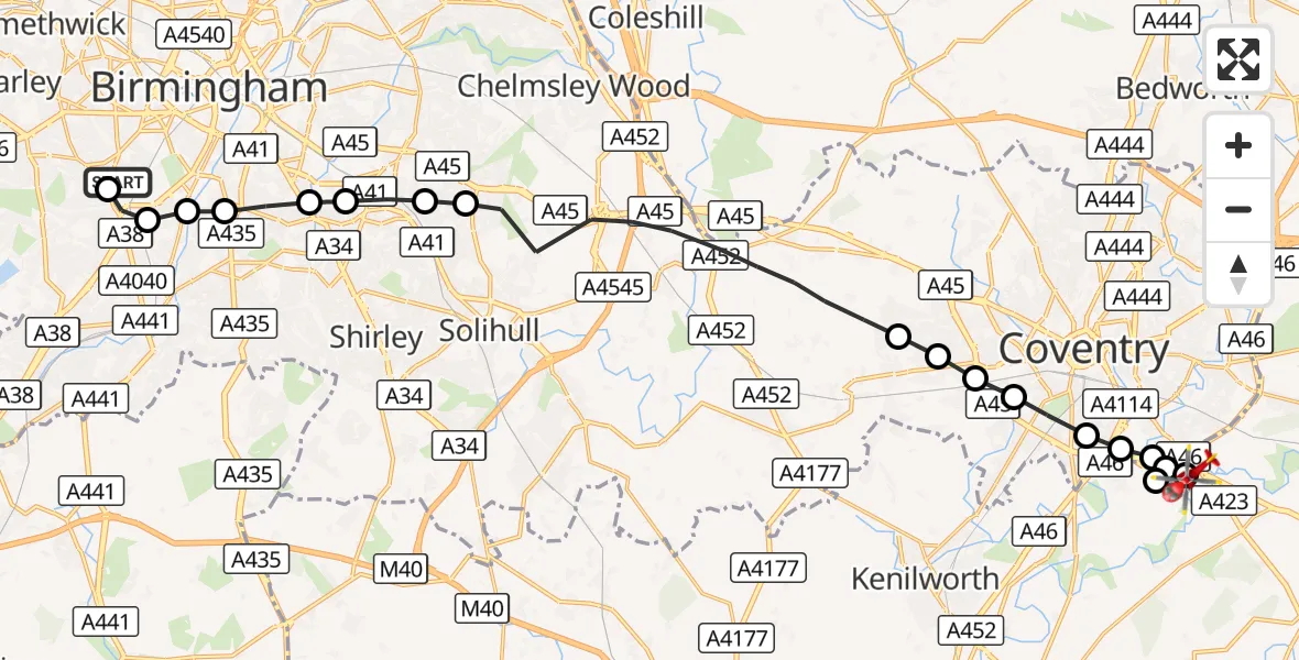 Flight route Air Ambulance Helicopter Queen Elizabeth Hospital Helipad - Rugby, 10 October 2026, 10:32