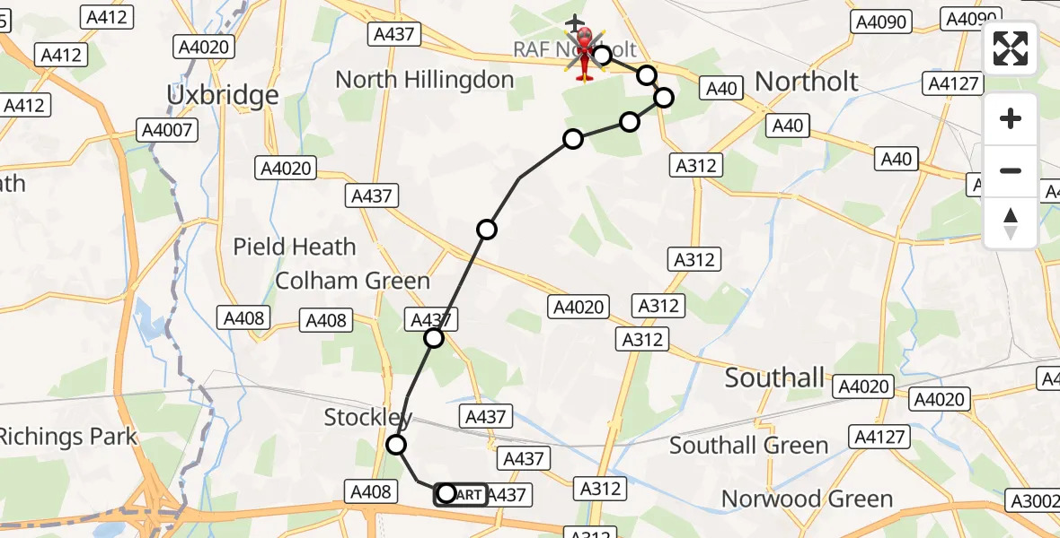 Flight route Air Ambulance Helicopter Hayes - RAF Northolt, 10 October 2026, 10:33