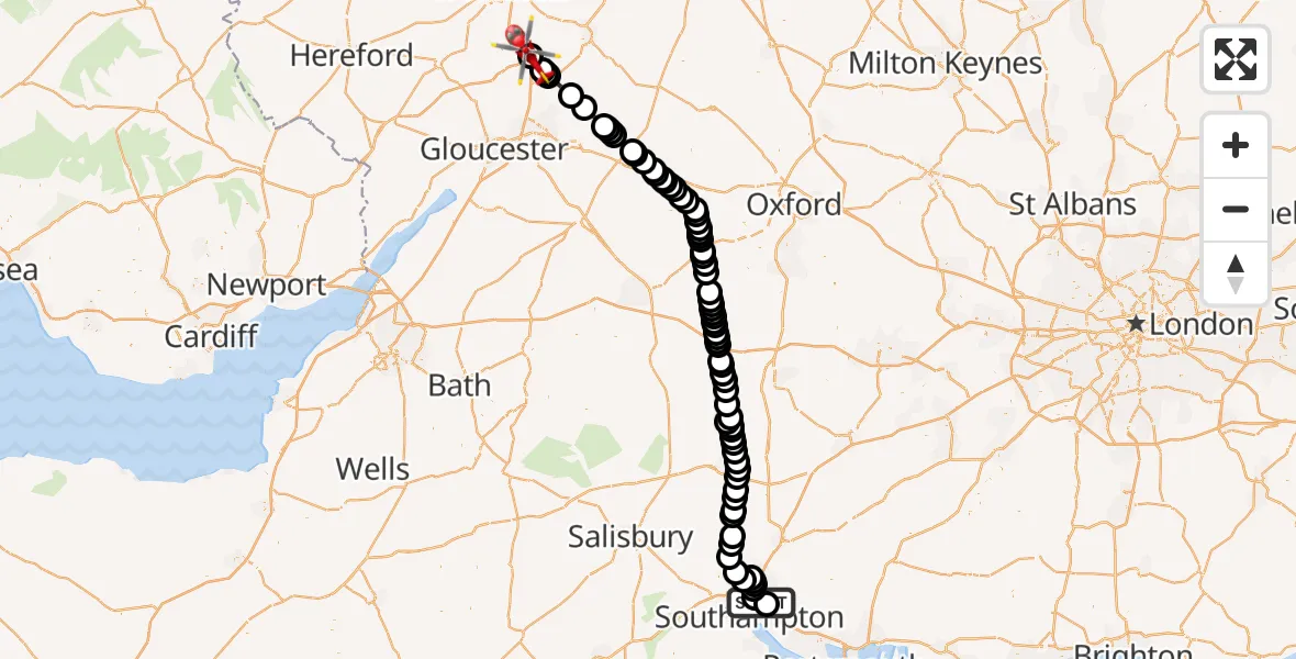 Flight route Air Ambulance Helicopter Mansbridge - Upper Strensham, 10 October 2026, 10:38