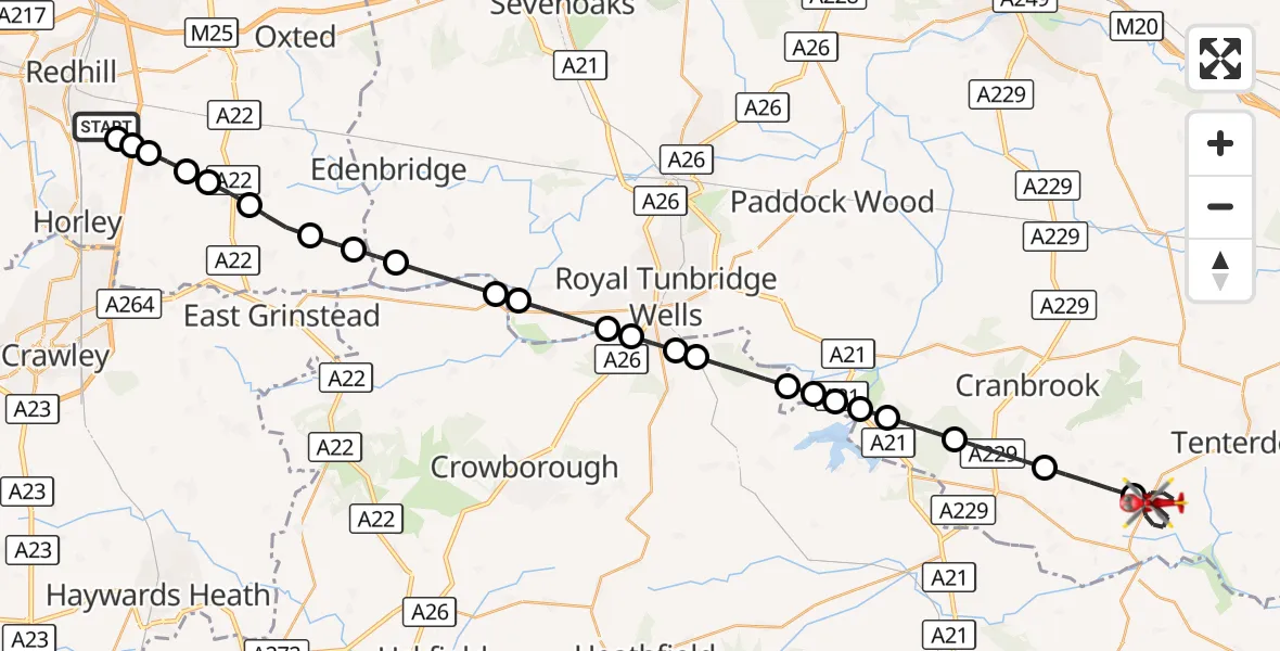 Flight route Air Ambulance Helicopter Redhill Aerodrome - Ashford, 10 October 2026, 10:48
