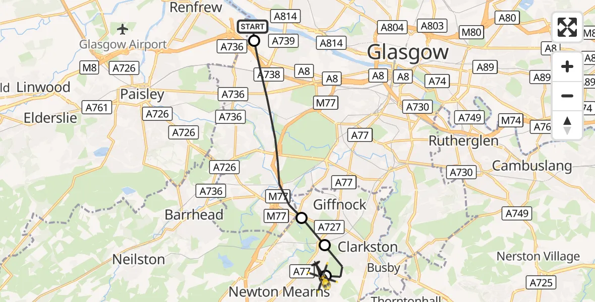 Flight route Police Helicopter Renfrew - Giffnock, 10 October 2026, 11:01