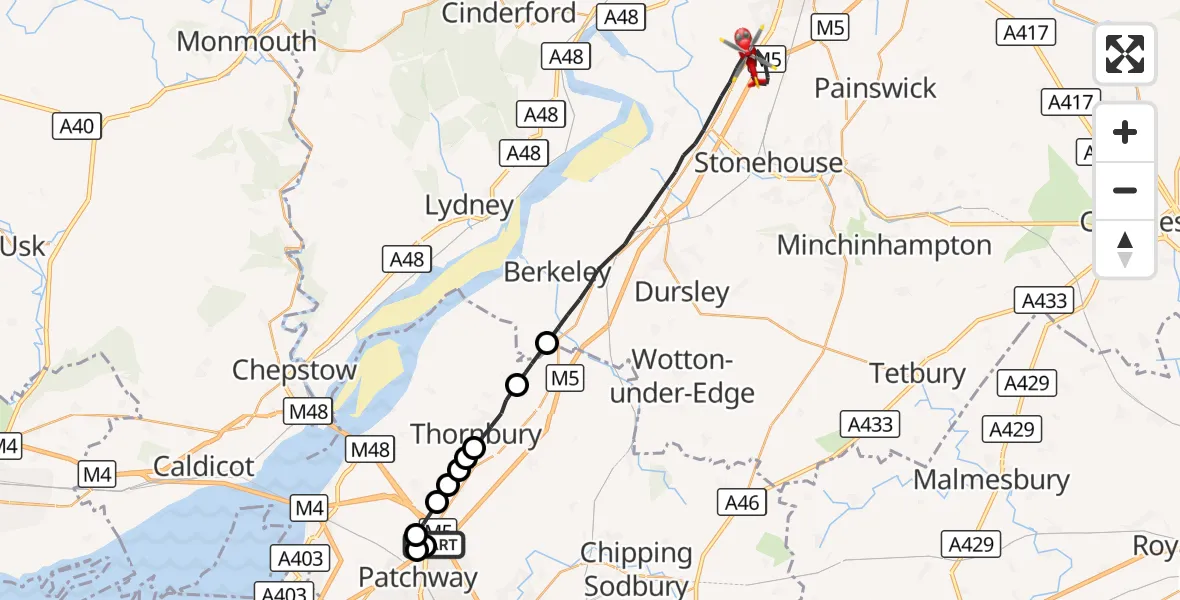 Flight route Air Ambulance Helicopter Almondsbury Helicopter Base - Stroud, 10 October 2026, 11:12