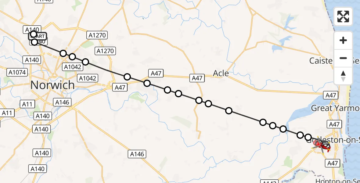 Flight route Air Ambulance Helicopter Norwich Airport - Great Yarmouth, 10 October 2026, 11:14