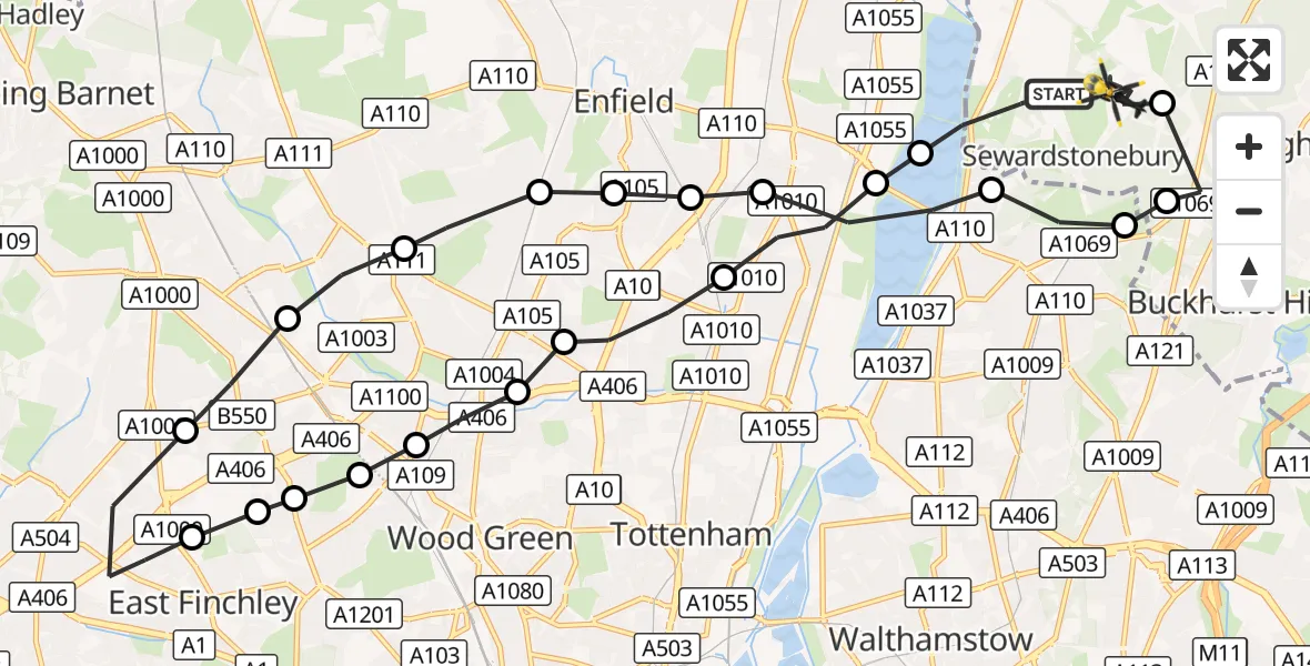 Flight route Police Helicopter Sewardstonebury - Metropolitan Police Air Support Unit Lippitts Hill, 10 October 2026, 11:17