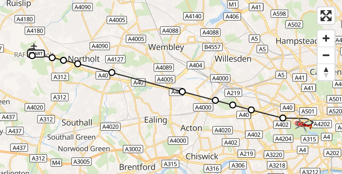 Flight route Air Ambulance Helicopter RAF Northolt - City of Westminster, 10 October 2026, 11:19