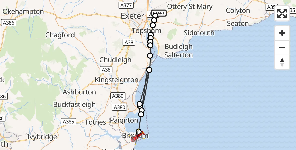 Flight route Air Ambulance Helicopter Exeter International Airport - Brixham, 10 October 2026, 11:35