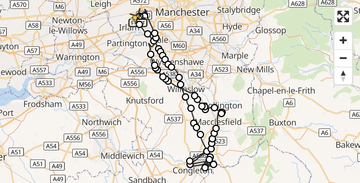 Flight route Police Helicopter Flixton - Manchester Barton Aerodrome, 10 October 2026, 11:37