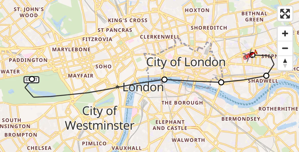Flight route Air Ambulance Helicopter City of Westminster - Royal London Hospital, 10 October 2026, 11:44