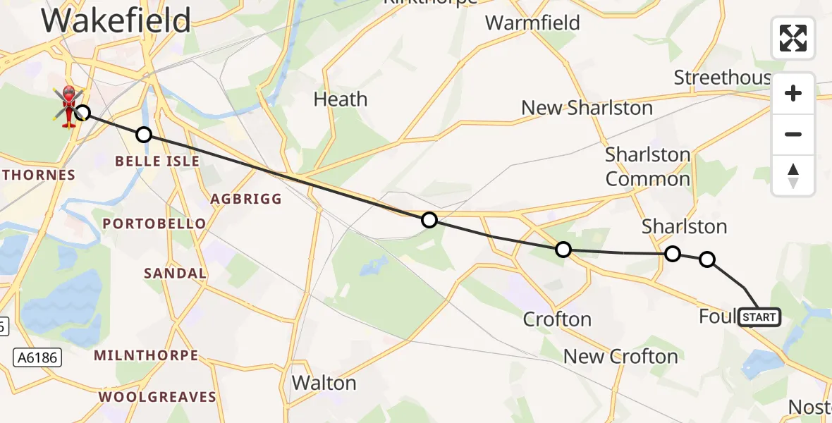 Flight route Air Ambulance Helicopter YAA Nostell Helicopter Port - Thornes, 10 October 2026, 11:46